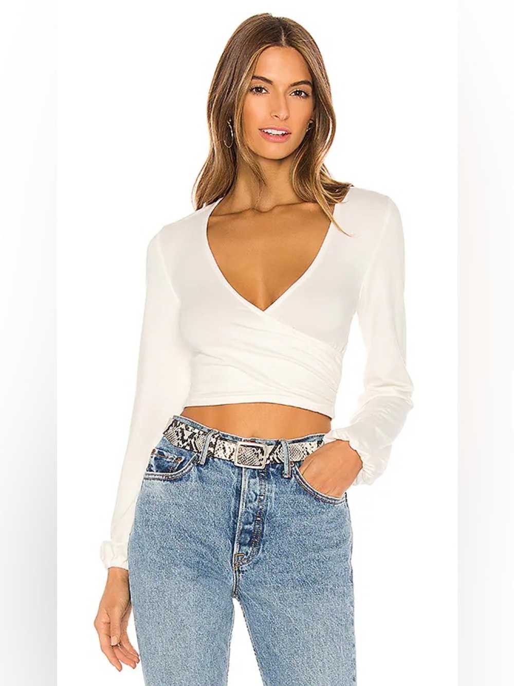 Lovers + Friends Ivory Nikkie Surplice Wrap V-Neck Long Sleeve Crop Top
